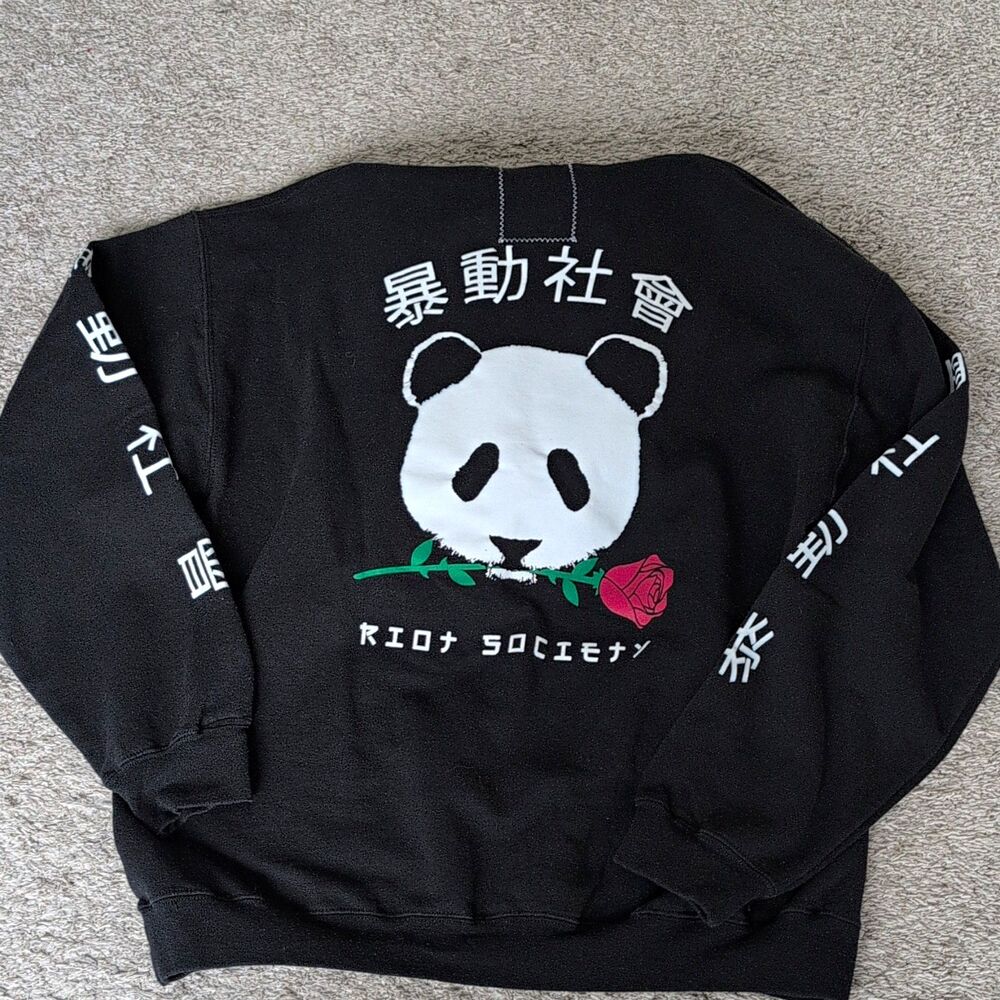 Riot Society Panda Rose Black Pullover Hoodie Men's Size Large Kanji Graphic